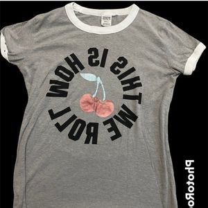 ISO PINK Victoria Secret CHERRY PRINT (This is how I roll) shirt sz L or XL
